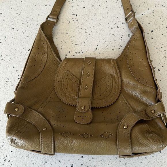 BCBG MAXAZRIA Olive Green Pebbled Leather Hobo Shoulder Bag Slouchy Purse Studs - Picture 12 of 16